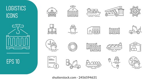 Sea container transportation. A set of logistics web icons, editable such as a richstacker, storage in a warehouse, container transshipment, shipping by sea, container ship, bulk carrier, transporter.