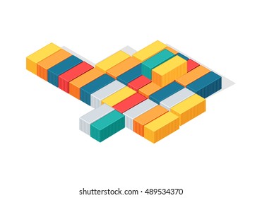 Sea containers vector. Isometric projection illustration. Line of different color metal containers for goods transportation on shops. For delivery company ad design, icons, games. Isolated on white