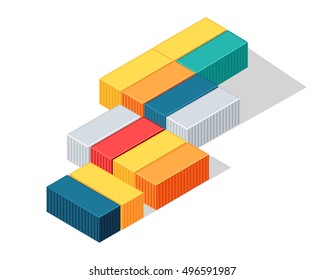 Sea containers vector. Isometric projection illustration. Line of different color metal containers for goods transportation on shops. For delivery company ad design, icons, games. Isolated on white