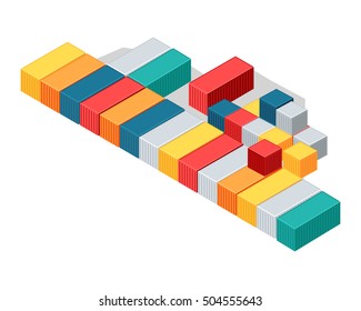 Sea containers vector. Isometric projection illustration. Line of different color metal containers for goods transportation on shops. For delivery company ad design, icons, games. Isolated on white 