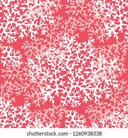 Sea coral color seamless vector pattern. Abstract white shapes. Marine pink soft background. Reef corals texture. Decorative liquid splash textile, wallpaper, wrapping paper design 