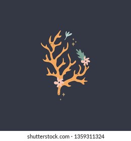 Sea coral with flowers or seaweed, isolated silhouette, vector. Summer holidays theme, nursery print. Good for party decor