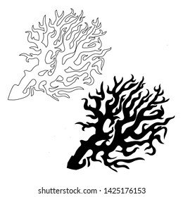 Sea coral isolated on white backdrop. Black and white vector. Hand drawn contour and silhouette elements for design kids fabrics, wrapping paper, printing on clothes, covers books, postcards