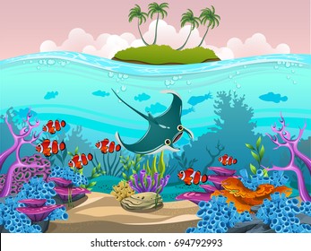 sea, coral and manta ray. vector illustration of the sea life. Marine Life Landscape.