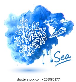 Sea coral on a watercolor background. Original hand drawn illustration