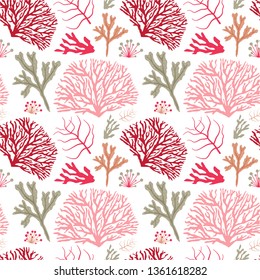 Sea coral pattern. Underwater plants seamless background with seaweeds and kelp.