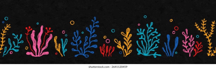 Sea coral and plants drawn with crayon pencils. Seamless horizontal border with underwater marine reef elements. Color crayon doodle icons of ocean seaweed, vector illustration on grunge background