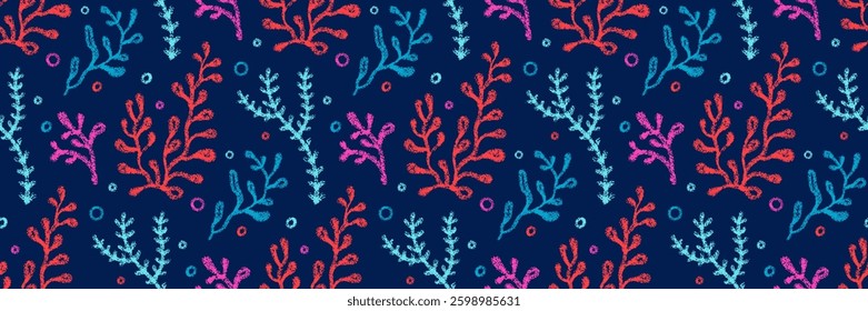 Sea coral reef seamless pattern with crayon underwater plants. Blue ocean background with marine seaweed with crayon pencil texture. Print with color plants under water, vector illustration