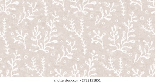 Sea coral reef seamless pattern with ocean underwater plants. Gray background with marine seaweed with chalk pencil texture. Print with white plants under water, paper texture. Vector illustration