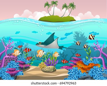 sea, coral, stingray, clown fish. vector illustration of the sea life. Marine Life Landscape.