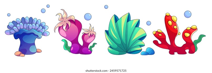 Sea coral and underwater ocean reef plant cartoon isolated icon. Undersea aquatic element with tropical leaf, moss and flora. Exotic fauna drawing bundle. Bright deep aquarium cute shape weed graphic