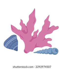 Sea corals branch and seashell. Underwater plants and mollusk. Tropical under water flora and fauna. Flat vector illustration isolated on white background