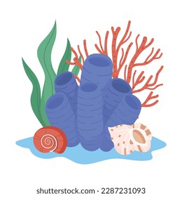 Sea corals branches and seashell in water, illustration. Underwater variety plants and conches clam. Tropical marine and ocean flora and fauna. Flat vector set isolated on white background