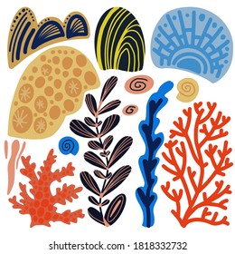 Sea corals cartoon set. Simple hand drawn elements. Isolated on white background. Colorful bright sea life landscape. Underwater world concept. Exploring ocean and under sea plants.