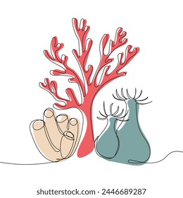 Sea corals in continuous one line art style. Simple vector illustration