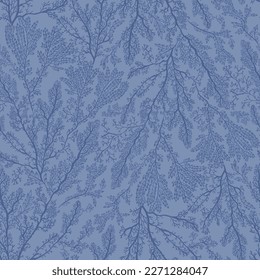 Sea corals on a blue background. Seamless pattern. Print for any surface. Linear drawing.