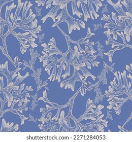 Sea corals on a blue background. Seamless pattern. Print for any surface. Linear drawing.