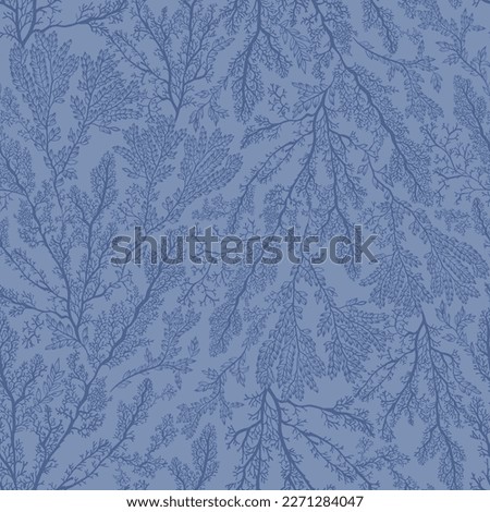 Sea corals on a blue background. Seamless pattern. Print for any surface. Linear drawing.