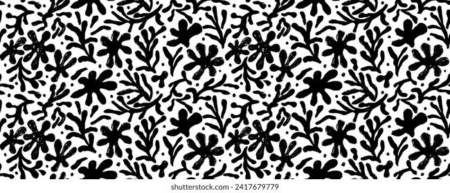 Sea corals seamless pattern. Hand drawn black brush botanical ornament. Hand drawn vector sea deign. Dry brush style floral motives. Monochrome print.