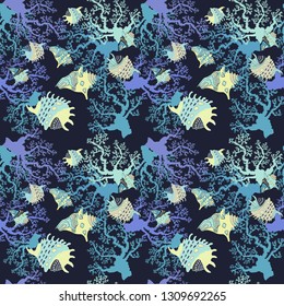 Sea corals and seashells vector seamless pattern. Ocean life background. Underwater creatures. Hand drawn illustration.