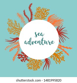 Sea corals and seaweed banner to place text. Underwater plant silhouettes.  Colorful design elements. Background for tourism, diving and adventure.