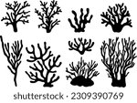 sea corals and seaweed black silhouette vector isolated