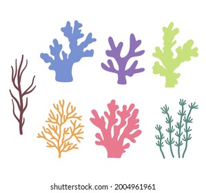 sea corals and seaweed silhouette. Set of simple icons of different underwater plants. Vector illustrations on white background.