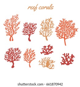 Sea corals and seaweed. Underwater and aquarium plant silhouettes. Colorful design elements for sea bottom scene. Vector illustration isolated in white.