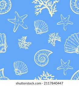 Sea corals and shells seamless pattern in trendy colors. Vector illustration.