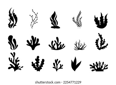 Sea corals silhouettes, seaweed, black alga and kelp. Marine grass underwater plants, aquatic weed, tropical water aquarium, nature beach. Botanical laminaria. Vector doodle tidy illustration