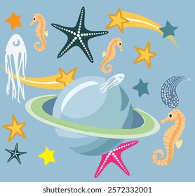 The "Sea and Cosmos" print combines tranquility and depth. Designed in light blue tones, this artwork reflects the serenity of the ocean and the vastness of the universe. 