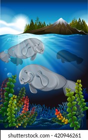 Sea cows swimming under the sea illustration