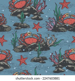 Sea crab colorful seamless pattern with crustacean animal hiding among underwater stones living among ocean corals vector illustration