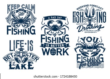 Sea crab, crayfish on water waves and lobster with fishnet. Keep calm and life on lake quotes for t-shirt print. Marine fishing vector grunge blue icons with nautical symbols and crab animals