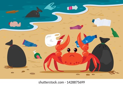 sea crab entangled in plastic on the background of landfills and garbage bags on the beach. polluted coast by human waste. Protect the environment. flat vector illustration