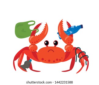 Sea crab entangled in plastic on the background of landfills and garbage bags on the beach. coastal polluted human waste. Take care of nature. flat vector illustration