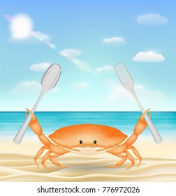 sea crab with fork and spoon on sea sand beach