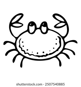 Sea crab hand drawn doodle. Crustacean animal living in ocean and sea. Short-tailed crayfish. Coral reef fish. Diving in water. Vector sketch line art illustration.