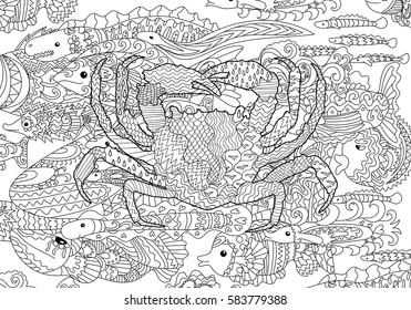 Sea crab with high details. Adult antistress coloring page. Black white hand drawn doodle oceanic animal. Sketch for tattoo, poster, print, t-shirt in tracery style. Vector illustration.