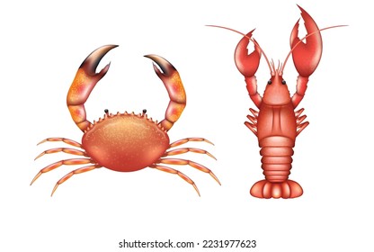 Cangrejo de mar e íconos realistas de langosta. Ingredientes de mariscos cocinados para el menú de lujo del restaurante. Animales acuáticos exóticos en 3d aislados en fondo blanco. Ilustración del vector