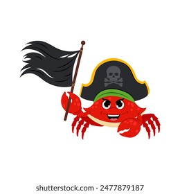 Sea crab pirate in flat style on a white background. Sea creatures. Cartoon crab with a black flag.