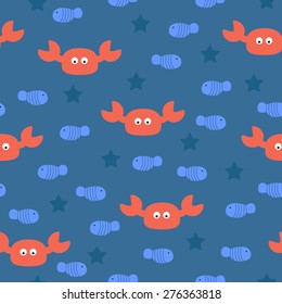 Sea crab star seamless pattern on blue background. Stock vector illustration.