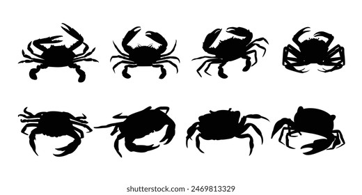 Sea Crab vector silhouette collection. Sea animal Crab black icon illustration.