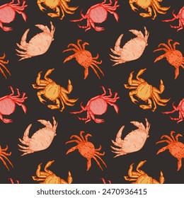 Sea crabs pattern. Different types of crabs. Sea food, delicacy. Vector hand drawn illustration. Seamless pattern for decorating different surfaces.