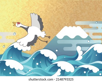 Mar, grúas y fondo del monte Fuji.
