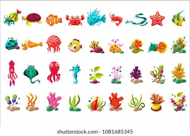 Sea creature big set, colorful cartoon ocean animals, plants and fishes vector Illustrations on a white background