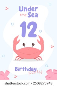 Sea creature birthday card for children. Fun twelfth birthday invite with a cute red crab and coral accents in soft tones