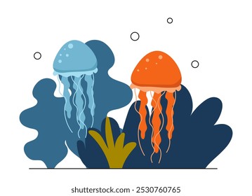 Sea creature concept. Blue and orange medusas near corals and reefs. Underwater world. Sea or ocean. Graphic element for website. Flat vector illustration isolated on white background