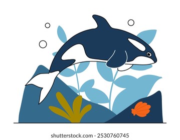 Sea creature concept. Blue shark near corals and reefs. Underwater world. Sea or ocean. Sticker for social networks. Flat vector illustration isolated on white background