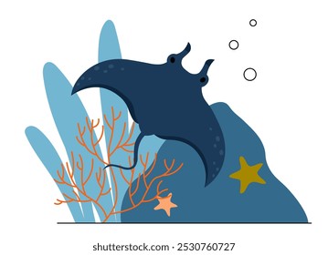 Sea creature concept. Blue stingray near corals and reefs. Underwater world. Fauna and wild life sea or ocean. Template and layout. Flat vector illustration isolated on white background